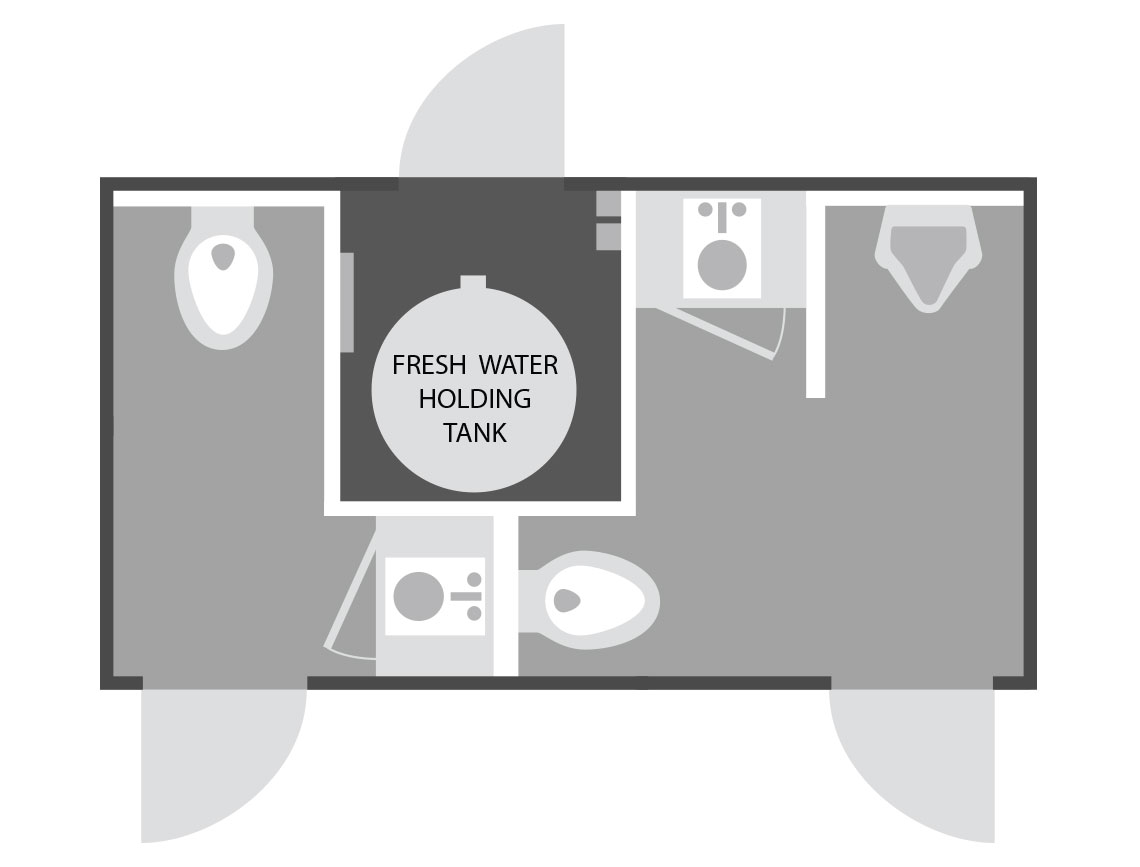 The floorplan for our two-stall luxury bathroom trailer