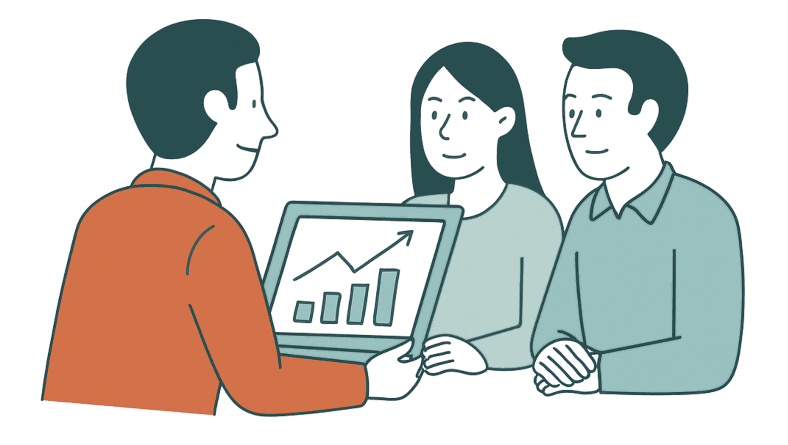 Un conseiller présente à un couple un graphique en hausse sur un ordinateur portable.