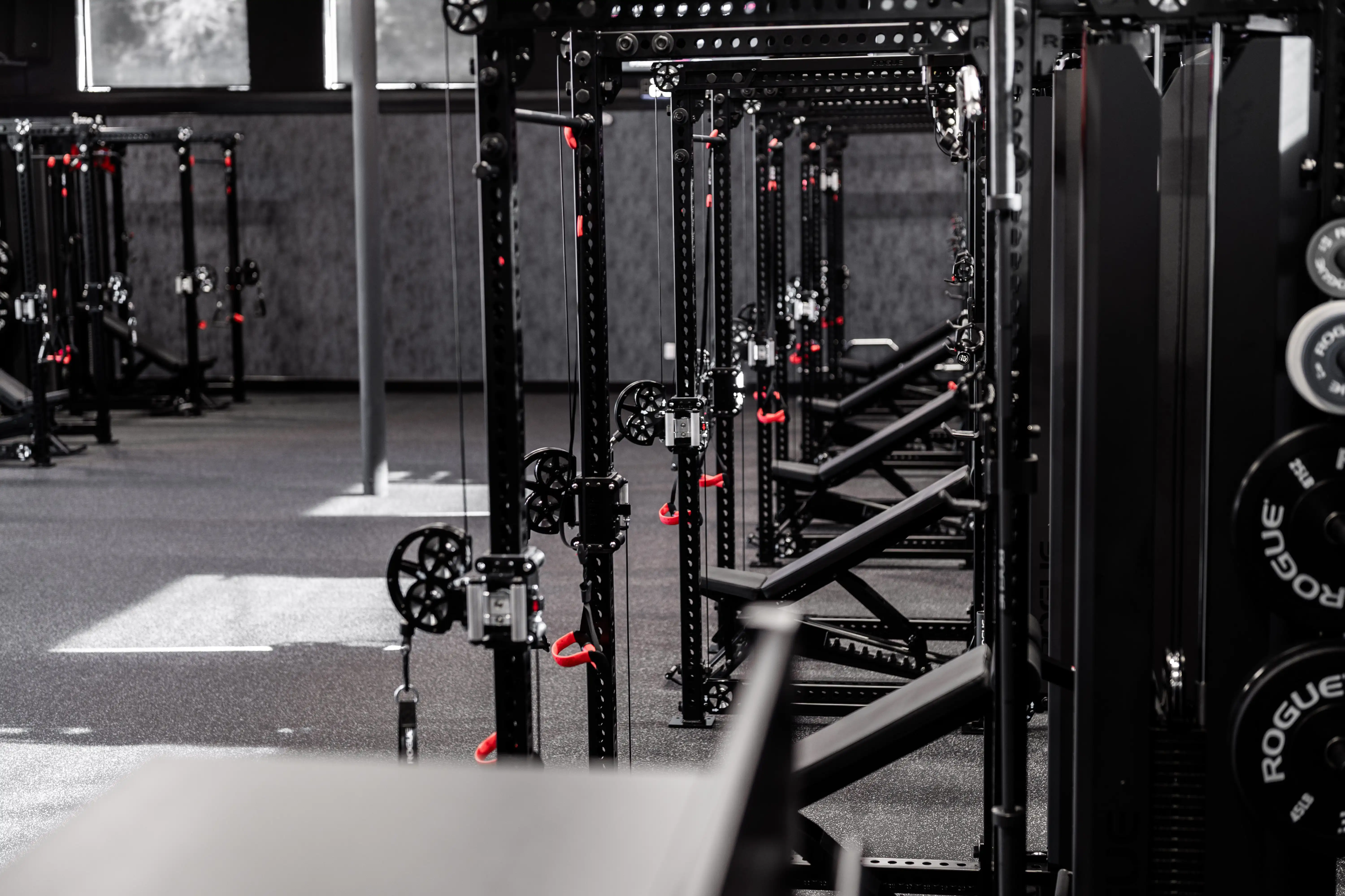 Close-up view of aligned SpecLanes™ inside a TRAIN Training House™, featuring best-in-class equipment and a clean, structured layout designed for private, uninterrupted one-on-one Reserved Training™.