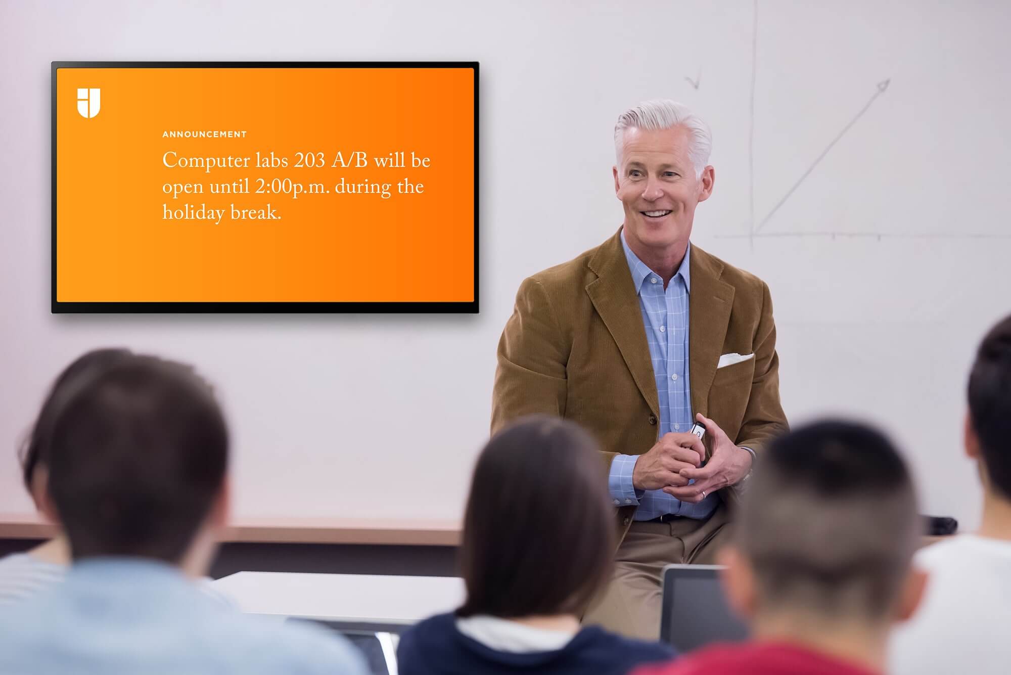 Professor teaching with digital signage