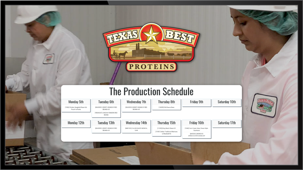Production workers looking at a digital schedule board