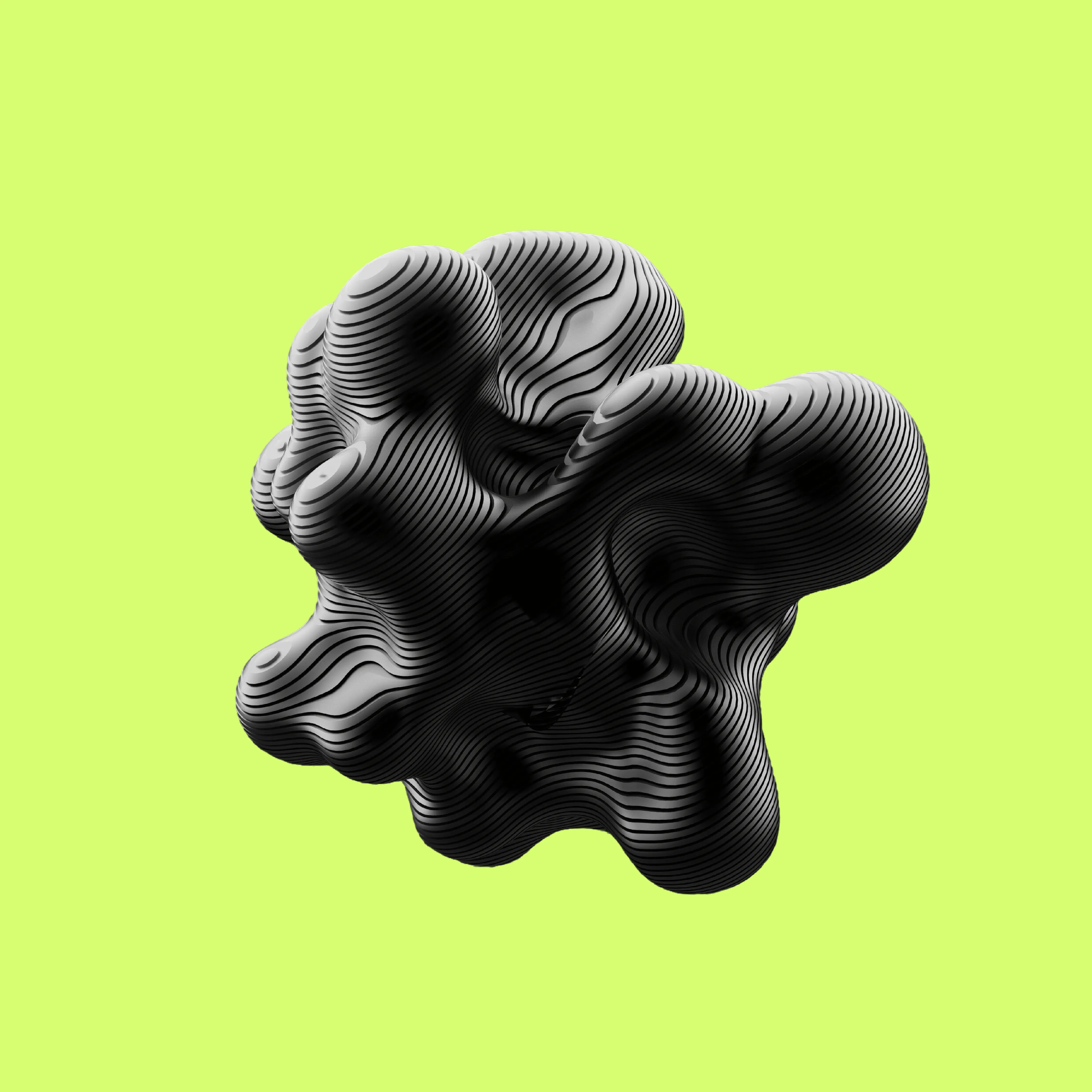 Abstract black and gray 3D amorphous shape with horizontal stripes on a light green background.