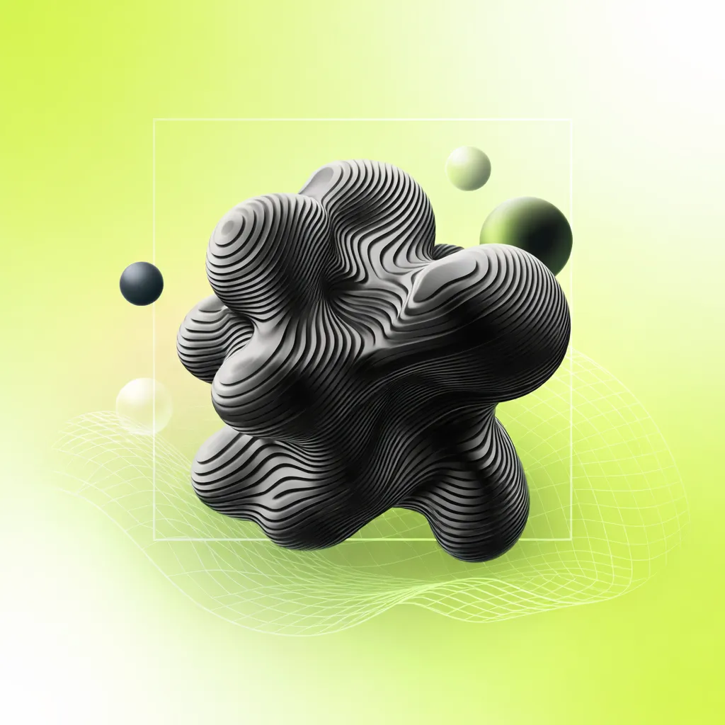 Abstract black layered 3D organic shape surrounded by green and white spheres on a light green gradient background with a white grid pattern.