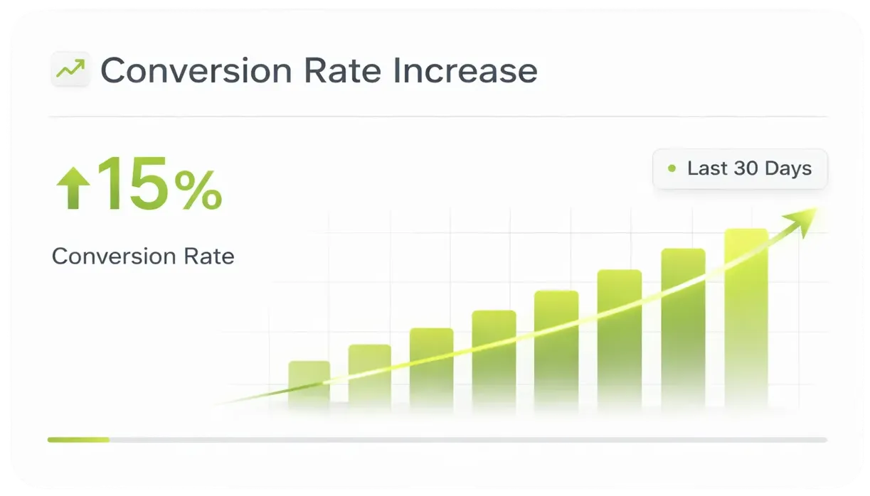 Bar chart showing a 15% increase in conversion rate over the last 30 days with upward trending green bars and arrow.
