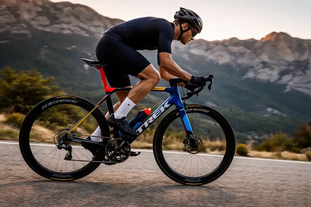 Cyclist wearing black gear and helmet riding a blue and red Trek road bike on a mountain road at sunset.