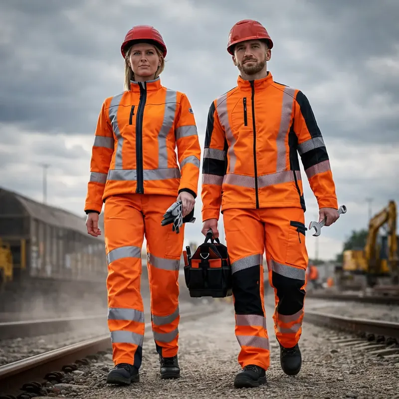 Two construction workers wearing orange reflective safety gear and helmets walking on a railway track, holding tools.
