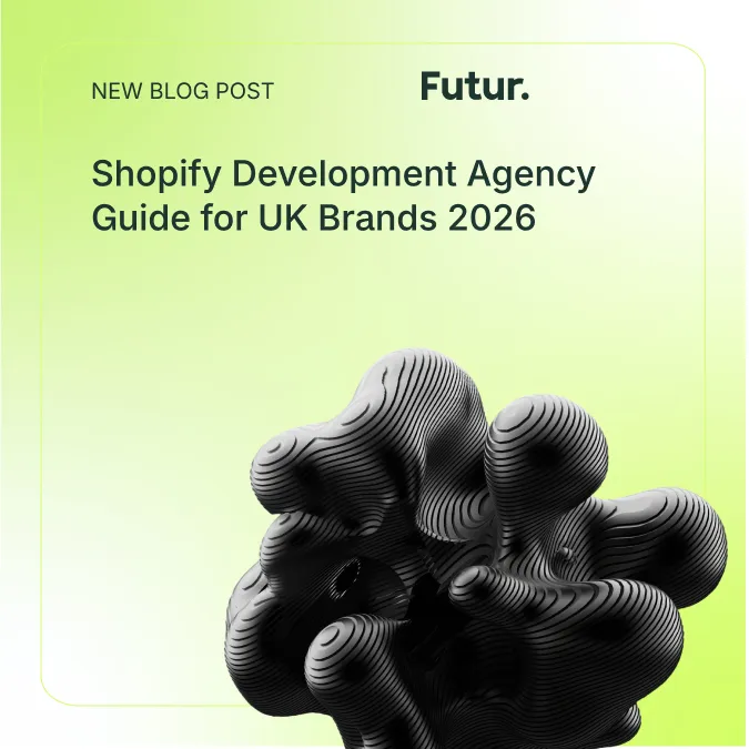 Blog post announcement titled 'Shopify Collection Pages Guide: Master Your Store in 2026' with a green gradient background and an abstract black and white striped organic shape.
