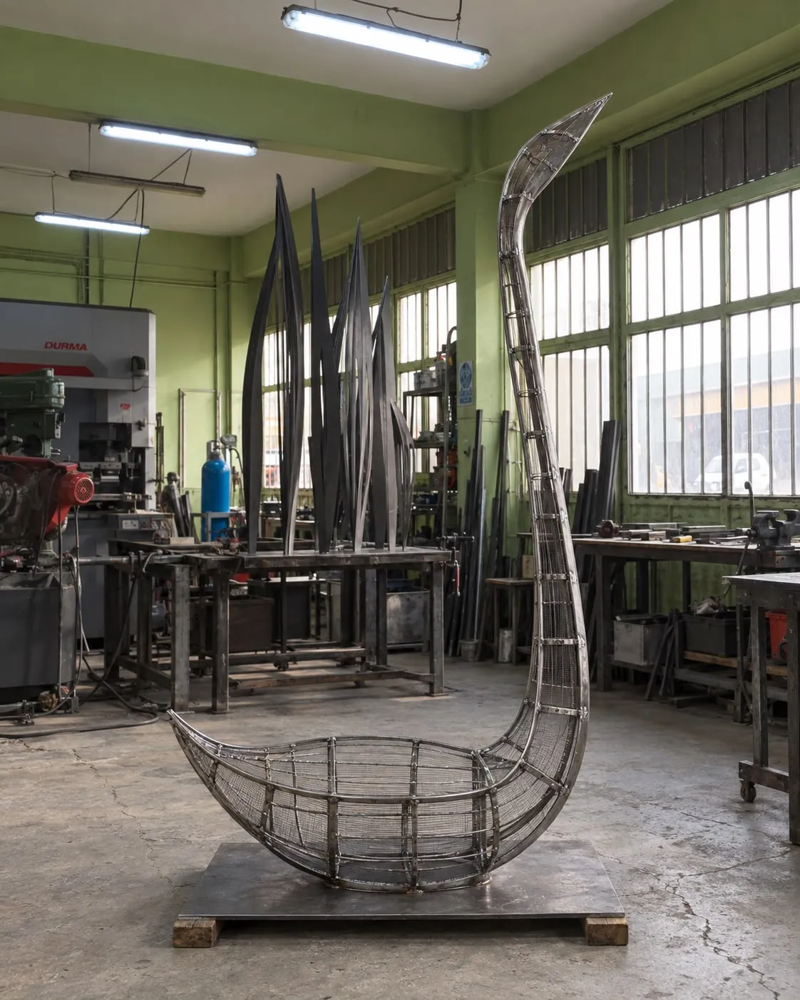 The steel mesh armature of Q in the metal workshop