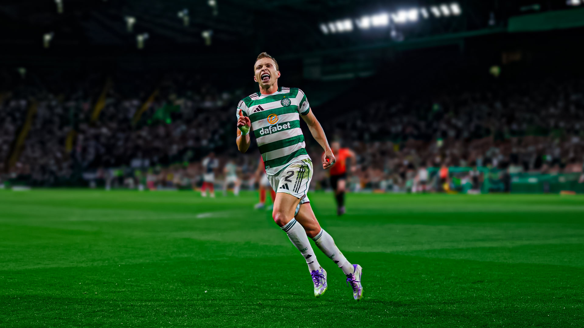 Soccer player in green and white striped jersey celebrating on the field during a match.