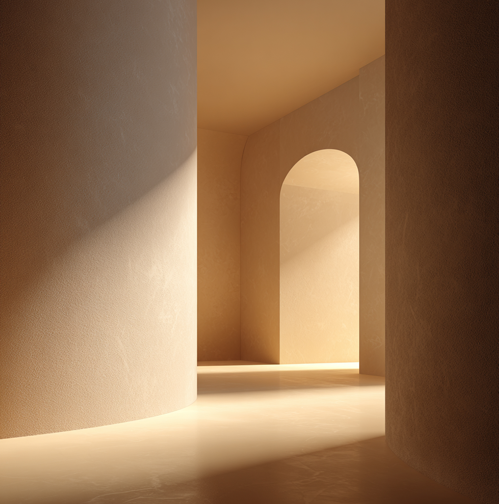 Intérieur minimaliste avec murs courbes et une arche éclairée par une lumière douce.