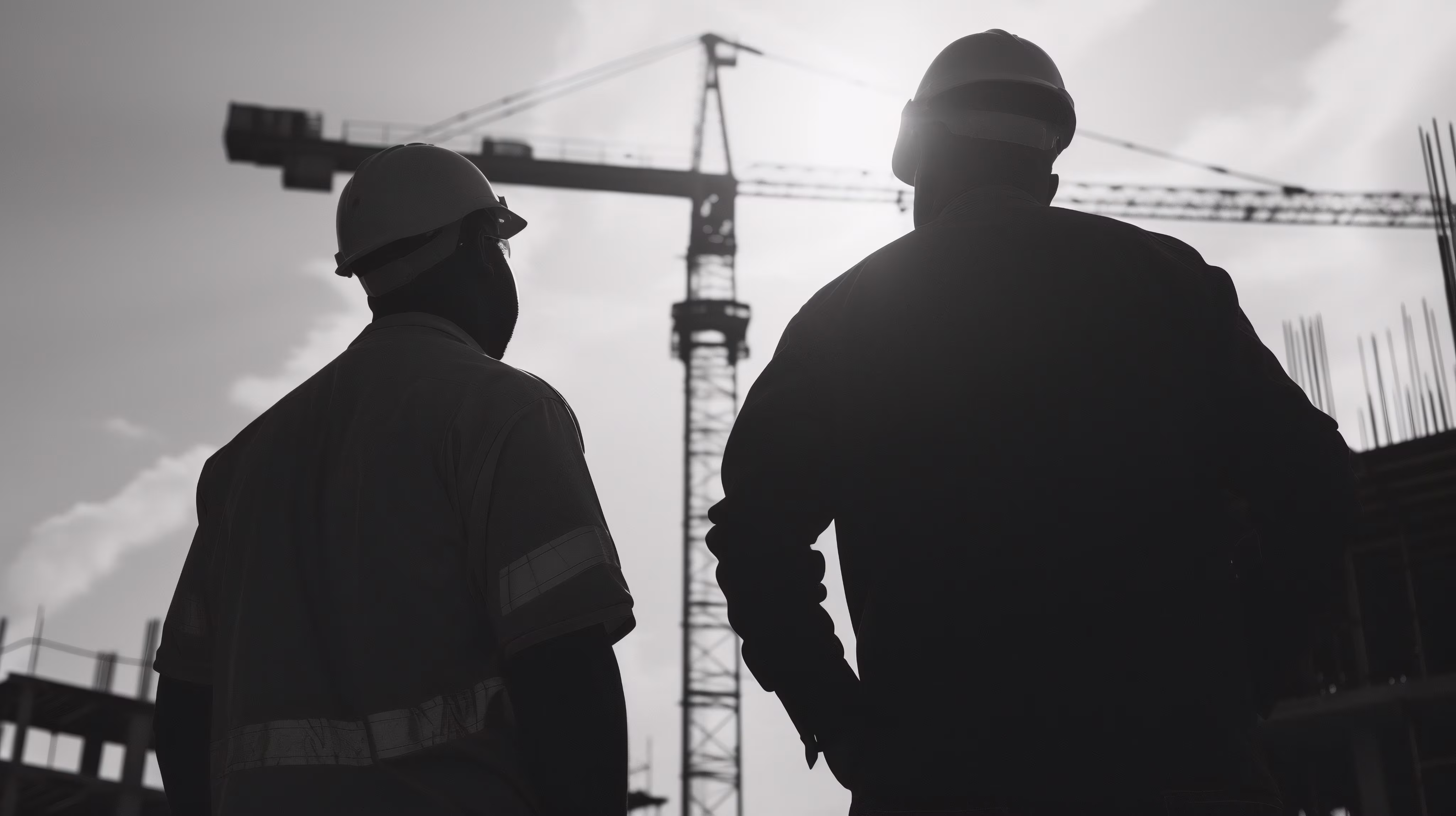 Silhouettes of two construction workers wearing helmets looking at a crane at a building site.