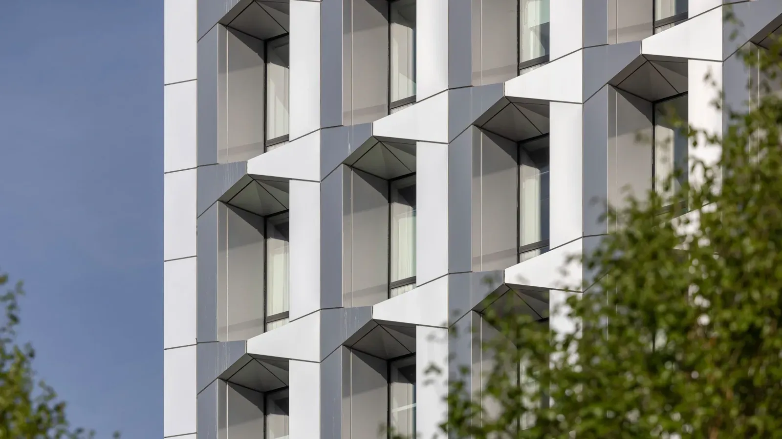 Close-up of modern building facade with geometric window patterns and green tree in foreground.