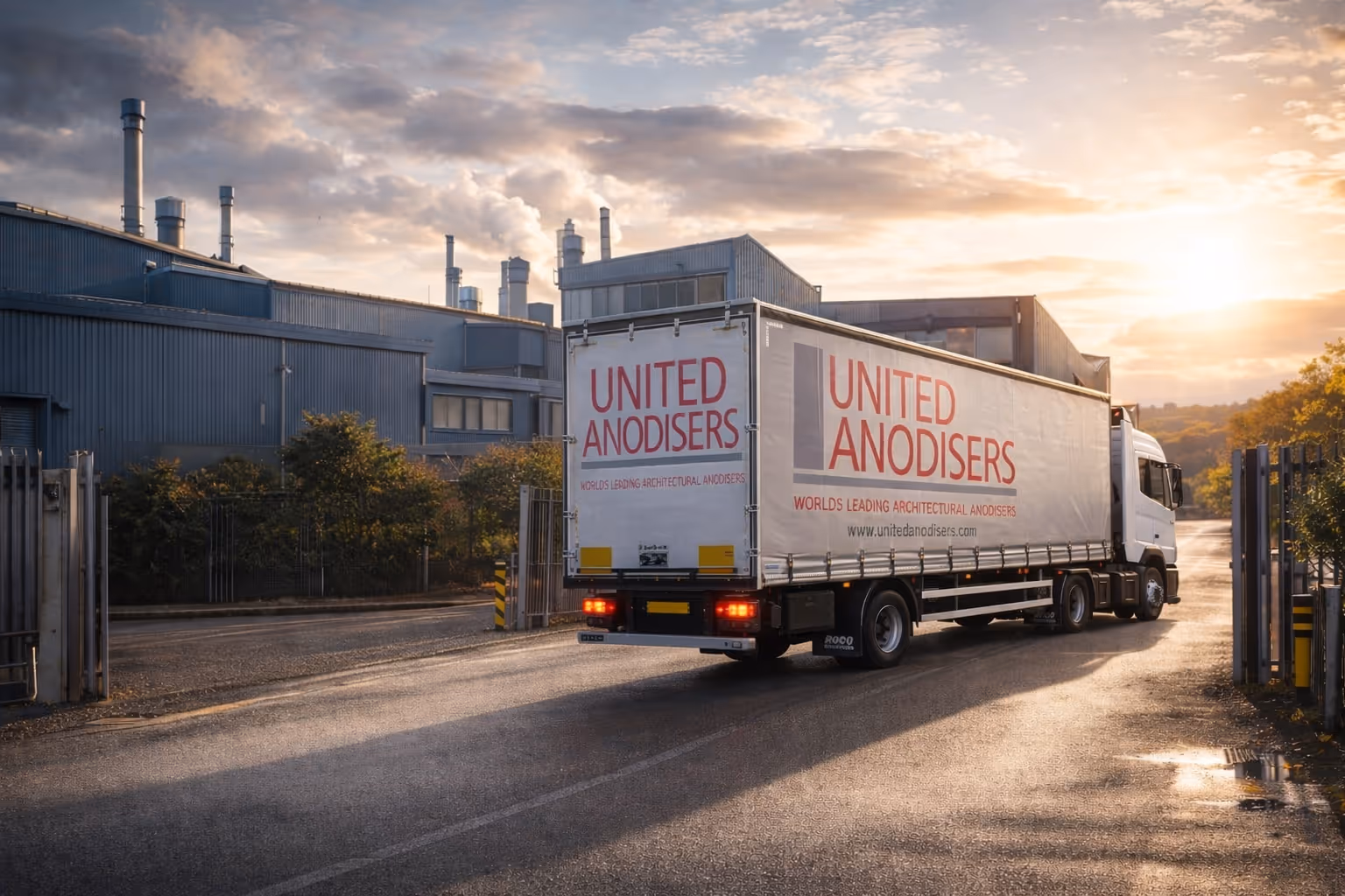 Truck with United Anodisers logo driving out of industrial factory at sunset with smokestacks in background.