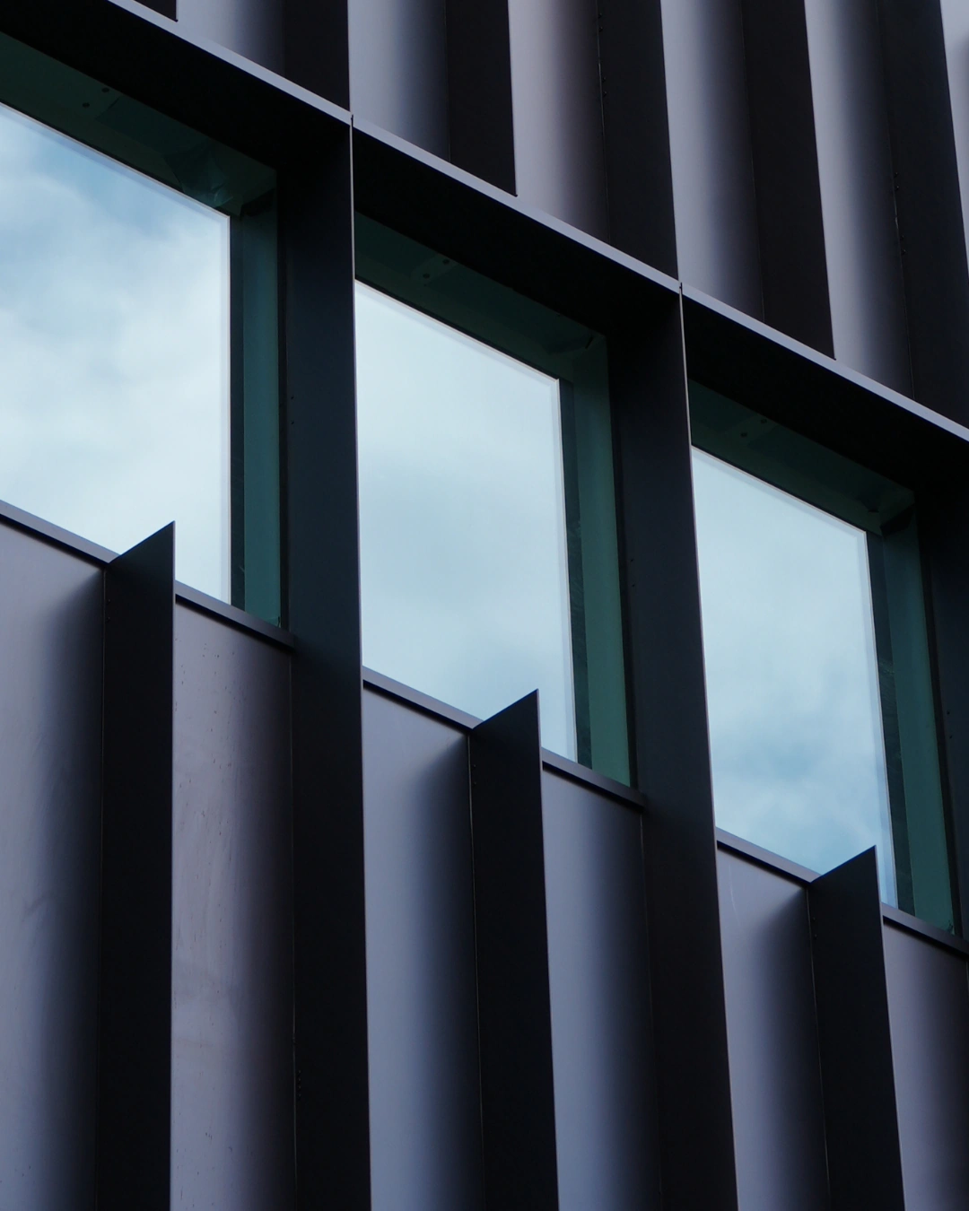 Close-up of a modern building facade with vertical black fins and rectangular windows reflecting sky.