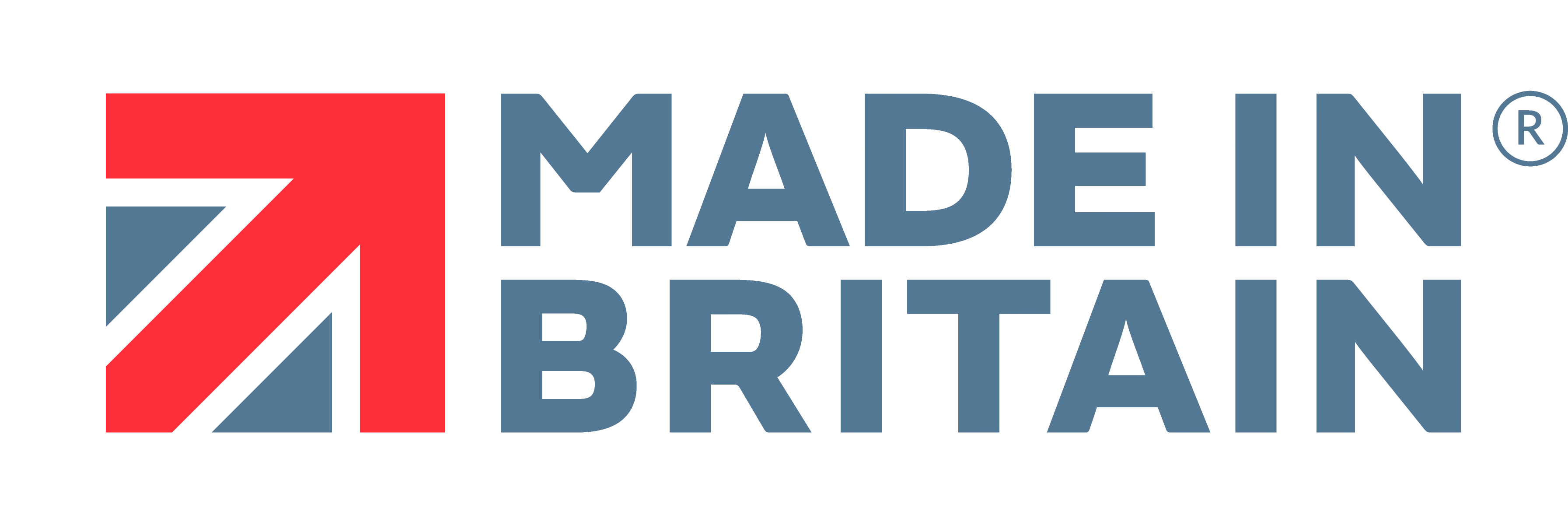 Red and blue arrow symbol followed by the text 'MADE IN BRITAIN' in uppercase letters.
