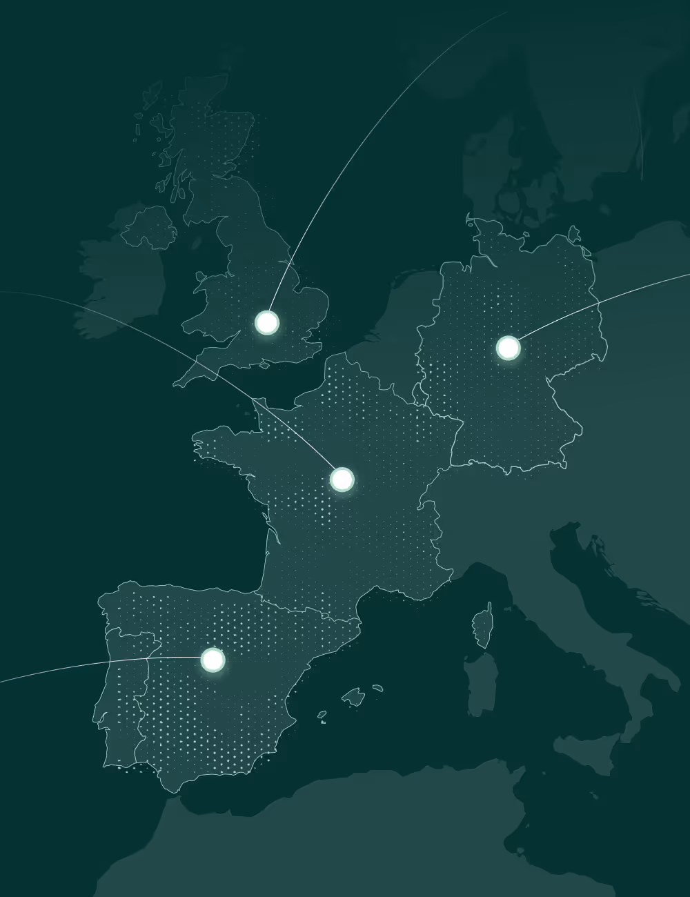 Carte d'Europe de l'Ouest avec des halos lumineux indiquant des points de connexion au Royaume-Uni, en France, en Allemagne et en Espagne.
