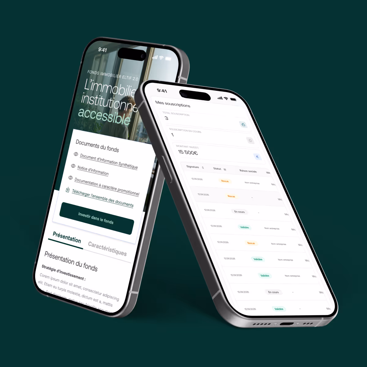 Deux smartphones affichant une application d'investissement immobilier accessible avec documents du fonds et gestion des souscriptions.