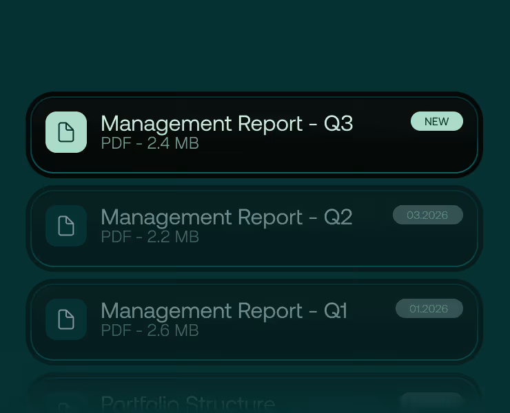List of management reports in PDF for the third quarter (2.4 MB, new), the second quarter, and the first quarter with their corresponding sizes and dates.