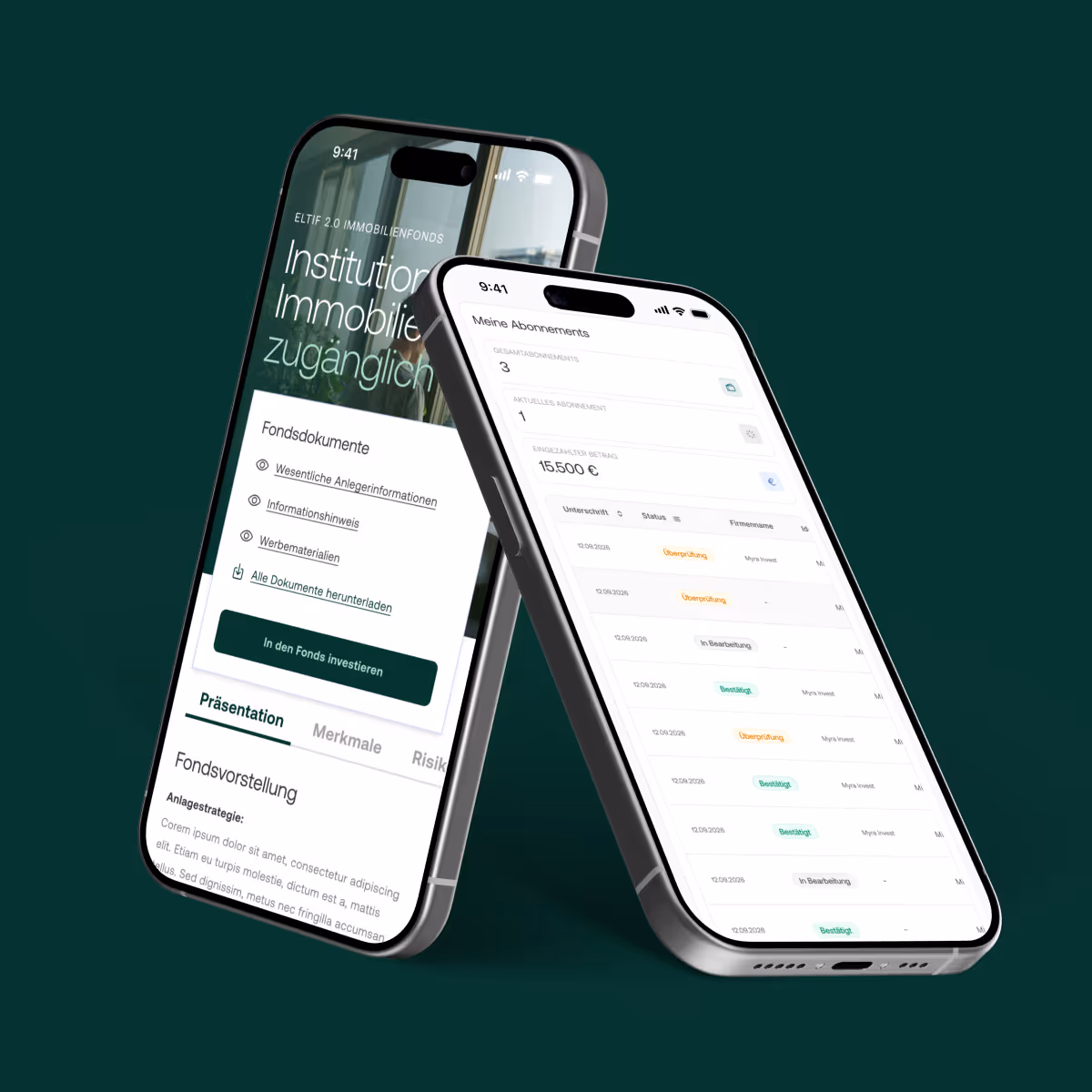 Zwei Smartphones, auf denen eine Anwendungsoberfläche für einen Immobilienfonds mit Dokumenten, Abonnements und Anlagestatus angezeigt wird.