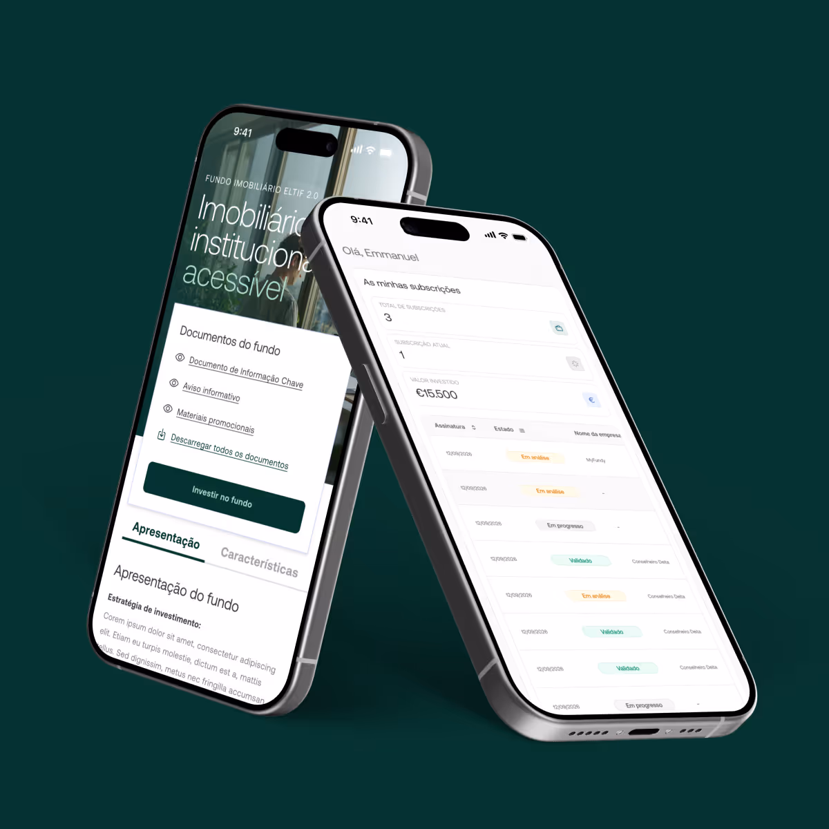 Dois smartphones exibindo uma aplicação de investimento imobiliário.