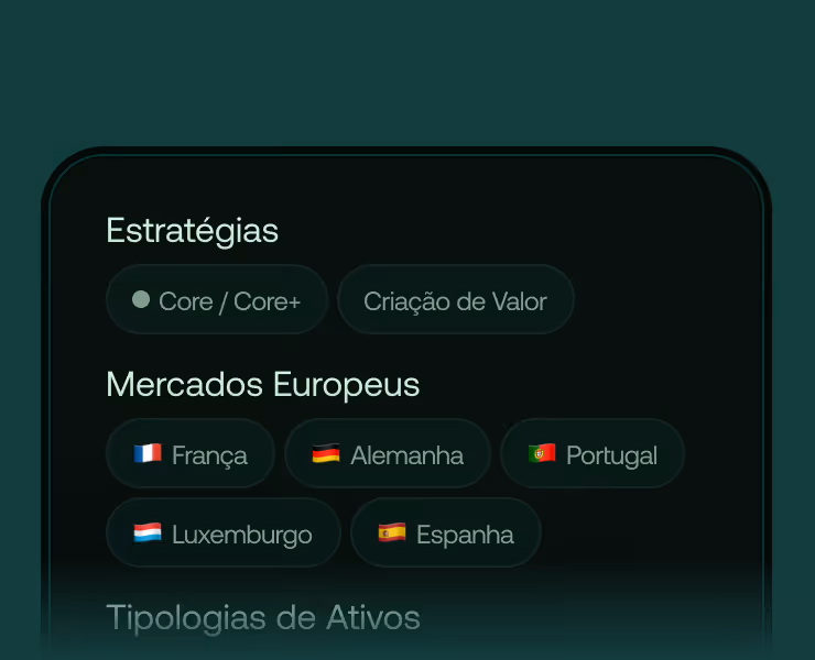 Captura de ecrã de uma interface com estratégias de investimento e mercados europeus.
