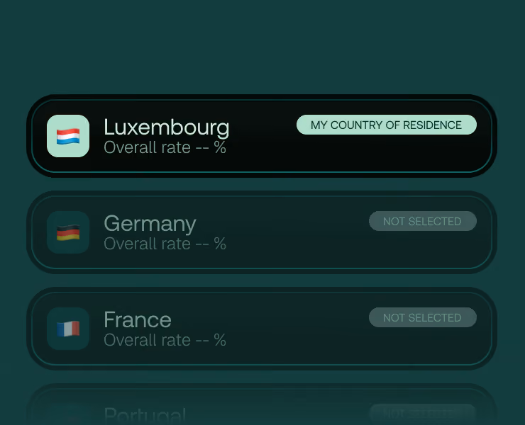 Country of residence selector between Luxembourg, Germany and France to display the applicable tax framework