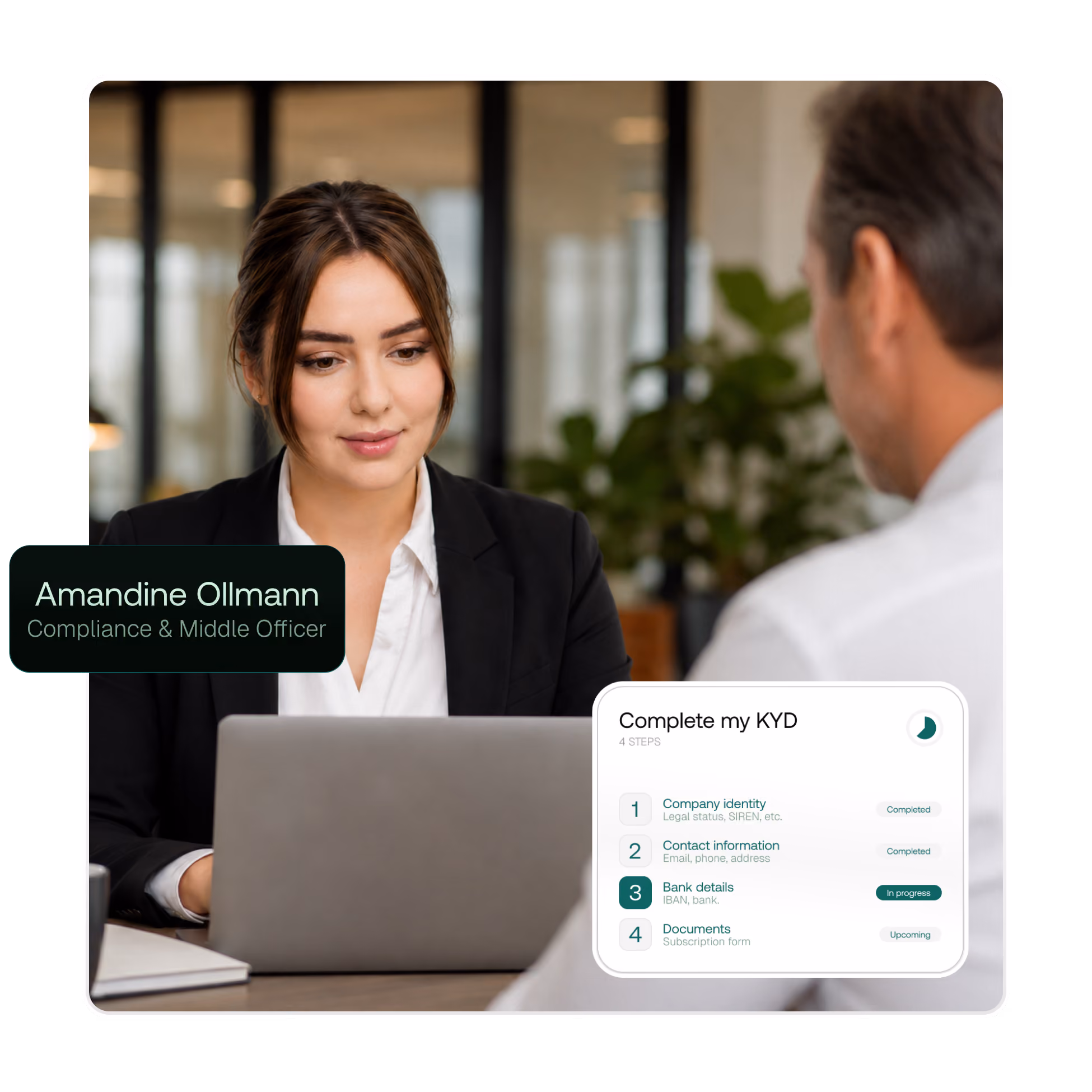Amandine Ollmann, Compliance and Middle Officer, at her laptop next to the KYC completion screen