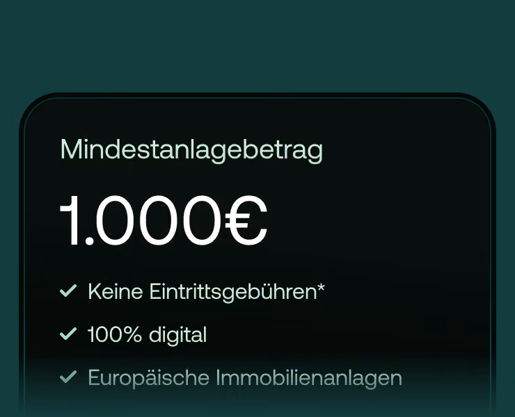 Karte mit dem Mindestanlagebetrag von 1.000 € bei Makers Fund: keine Eintrittsgebühren, 100 % digital, europäische Immobilienanlagen