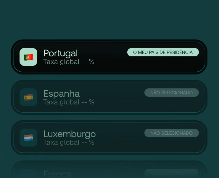 Seletor do país de residência entre Portugal, Espanha e Luxemburgo para apresentar a taxa global aplicável