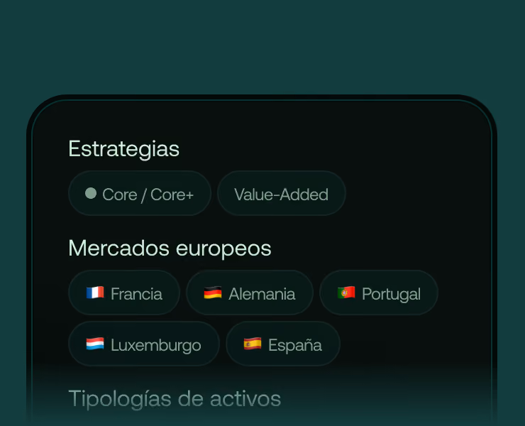 Cartera diversificada con las estrategias Core/Core+ y Value-Added en los mercados europeos de Francia, Alemania, Portugal, Luxemburgo y España