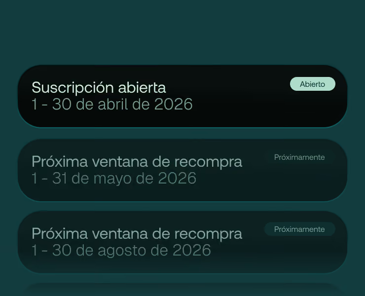 Calendario de ventanas: suscripción abierta del 1 al 30 de abril de 2026 y próximas ventanas de recompra en mayo y agosto de 2026