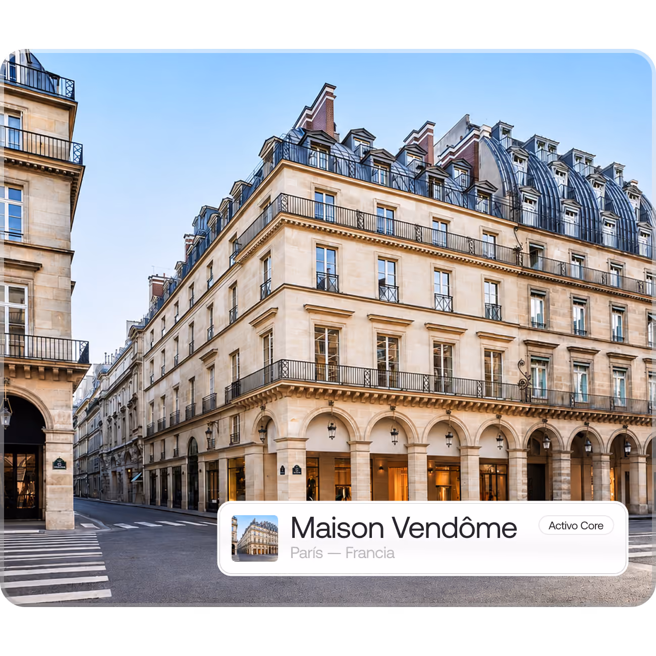 Edificio haussmanniano de París con la ficha del activo Maison Vendôme, imagen principal móvil del fondo inmobiliario Makers Fund