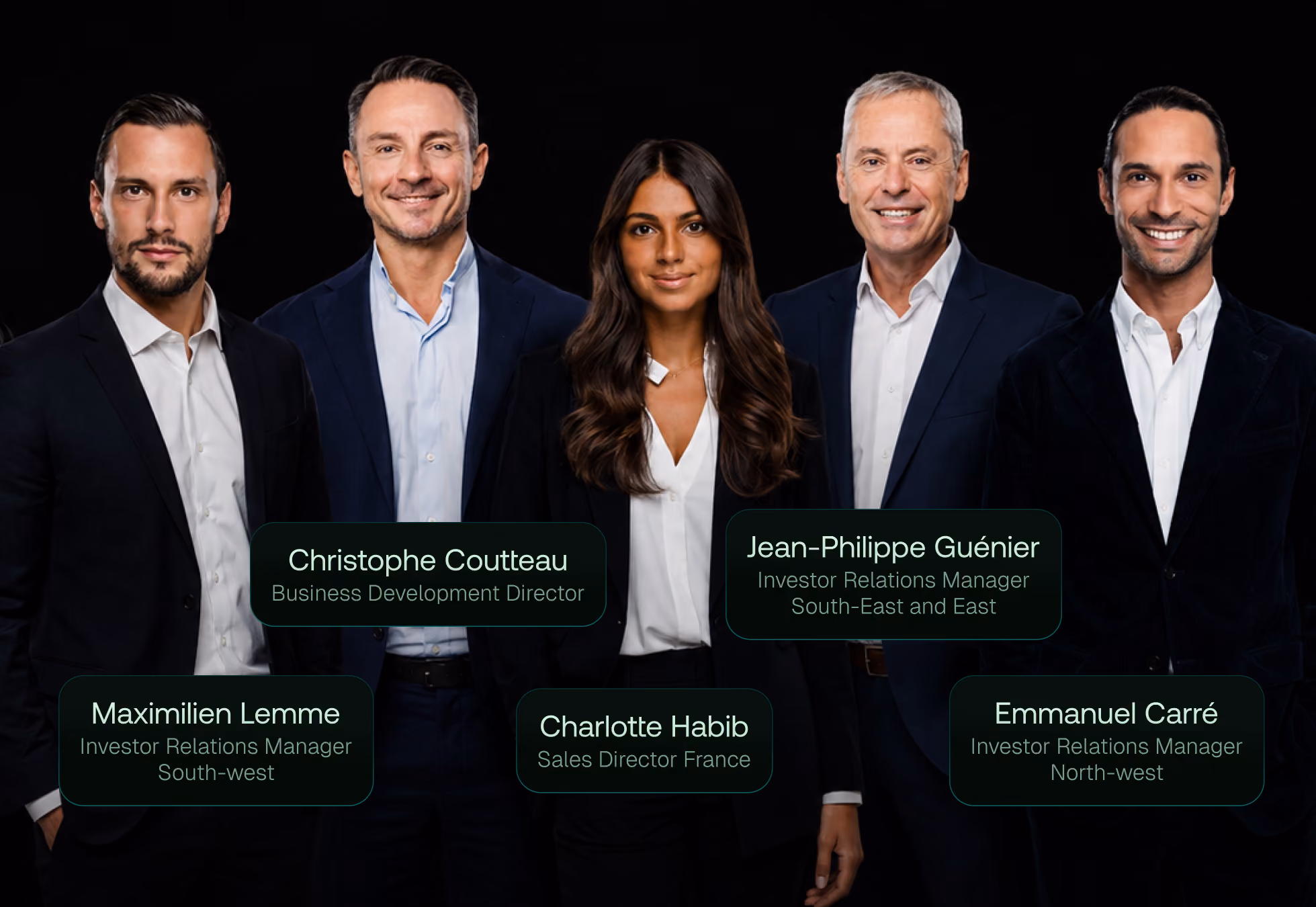 L'équipe de distribution de Makers Fund : cinq experts présentés avec leur nom et leur fonction