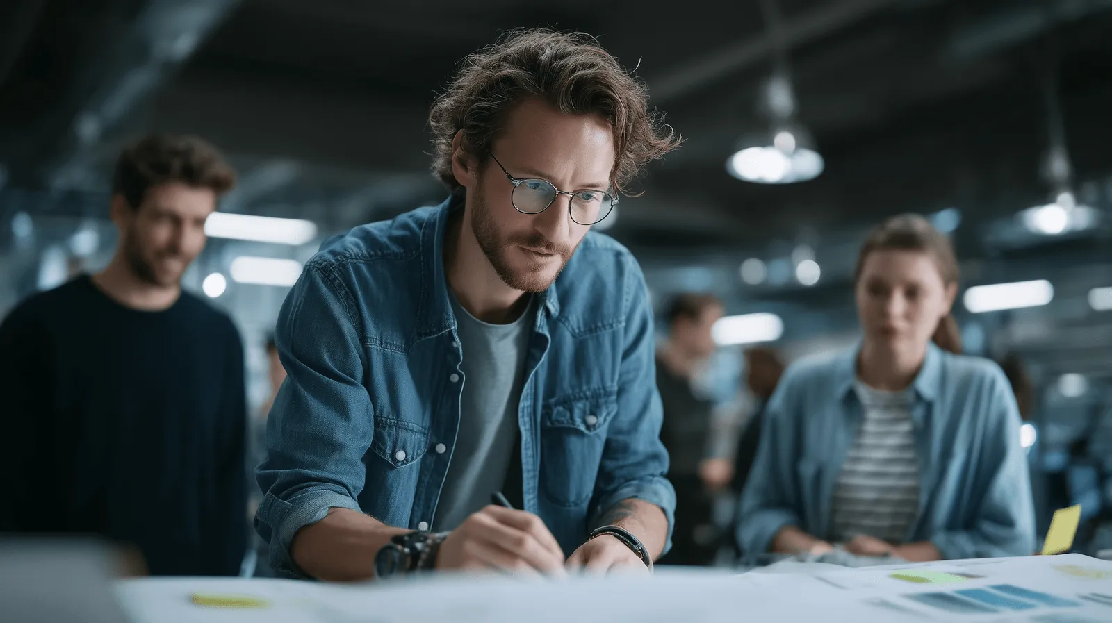 Uomo con occhiali e camicia di jeans che scrive concentrato su documenti in un ufficio moderno con colleghi sullo sfondo.