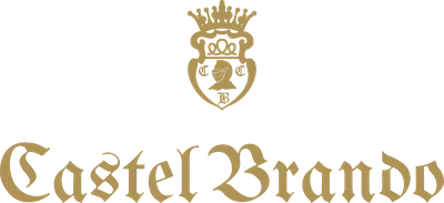 Logo di CastelBrando con uno stemma dorato sopra il testo in stile antico. Albergo, ristorante e centro benessere in provincia di Treviso, Veneto.