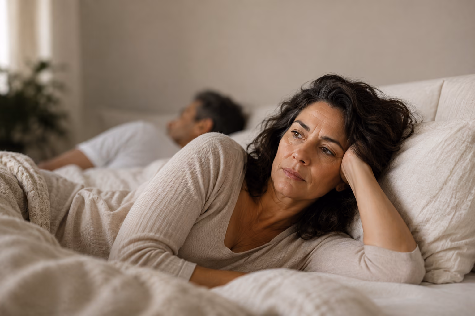 Woman experiencing menopause libido changes, representing sexual health, discomfort, and hormone imbalance