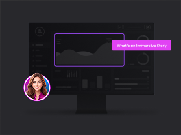 Computer monitor displaying charts and graphs with a circular profile photo of a woman and a speech bubble saying 'What's an Immersive Story'.
