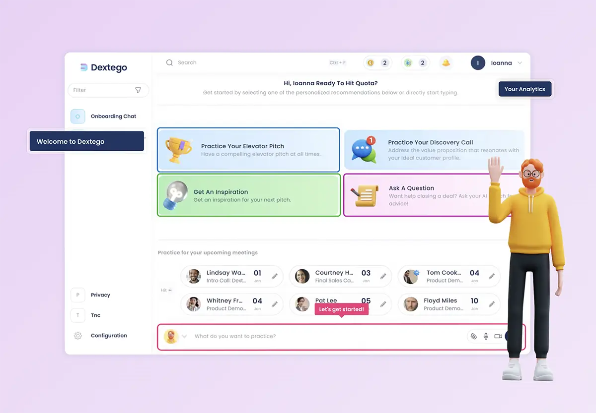 Dextego onboarding chat interface with options to practice elevator pitch, discovery call, get inspiration, or ask questions, accompanied by a 3D character waving.