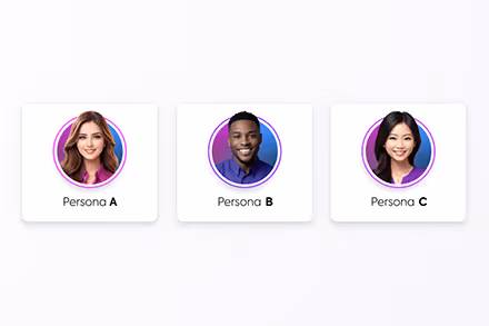 Three profile cards labeled Persona A, Persona B, and Persona C, each with a headshot of a smiling individual on a white background.