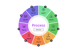 Circular 10-step process diagram labeled 'The Process' with each step represented by a colored segment and icons.