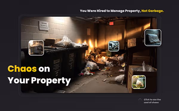 Dimly lit alley behind buildings cluttered with overflowing garbage bins and scattered trash bags, illustrating property management challenges.