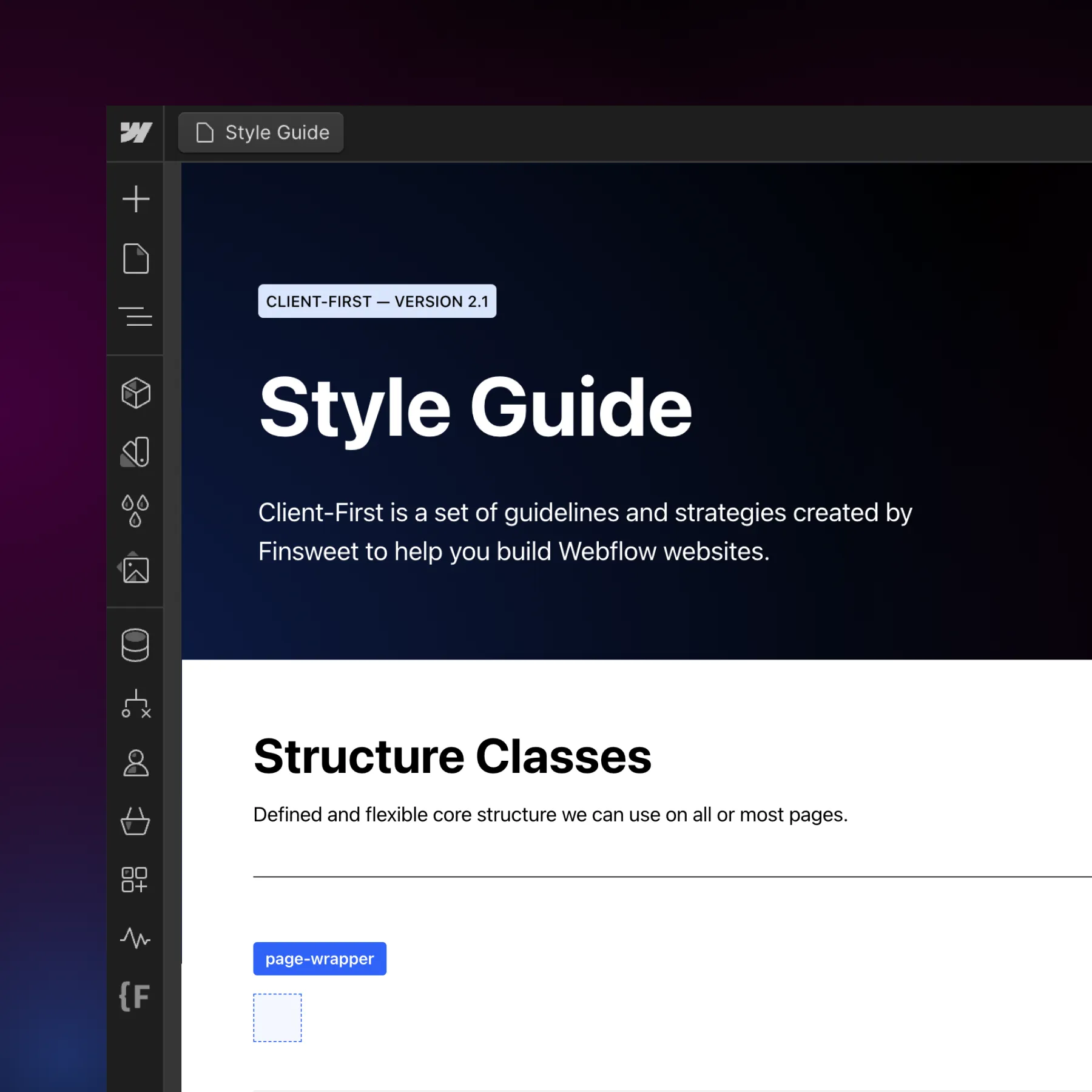 Interface Webflow exibindo um Client-First Style Guide versão 2.1 com uma secção sobre Classes de Estrutura e um invólucro de página de leitura de etiqueta azul.