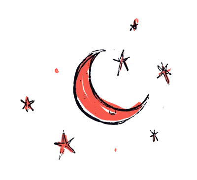 Lua crescente vermelha rodeada de estrelas vermelhas e pontos sobre um fundo preto.