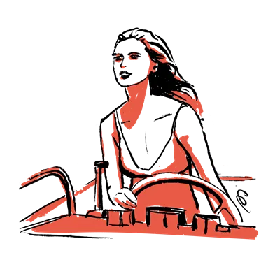 Ilustração estilizada a vermelho e preto de uma pessoa a conduzir um barco com o vento a soprar nos seus cabelos.