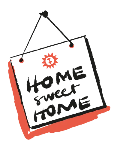 Placa de lousa preta pendurada com o texto 'HOME sweet HOME' e um pequeno emblema vermelho tipo sol acima do texto.