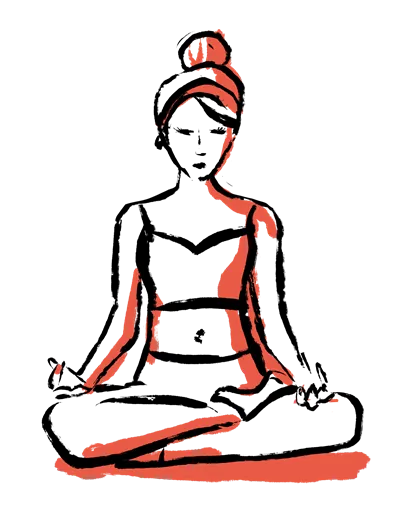 Silhueta estilizada vermelha e preta de uma pessoa sentada de pernas cruzadas numa pose de meditação.