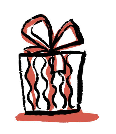 Ilustração estilizada de uma caixa de presente com um laço grande no topo e listras onduladas verticais.