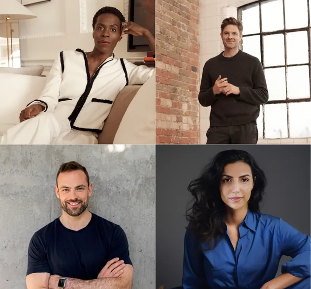Collage aus vier professionellen Headshots: eine Frau in einer weißen Jacke, die auf einer Couch sitzt, ein Mann in einem schwarzen Pullover, der an einer Ziegelmauer und einem großen Fenster steht, ein lächelnder Mann in einem schwarzen T-Shirt mit verschränkten Armen an einer Betonwand und eine Frau mit langen dunklen Haaren, die ein blaues Hemd vor dunklem Hintergrund trägt.