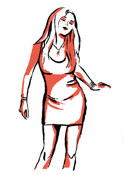 Silhouette einer Frau, die mit einem ausgestreckten Arm steht und rote und schwarze stilisierte Farben aufweist.