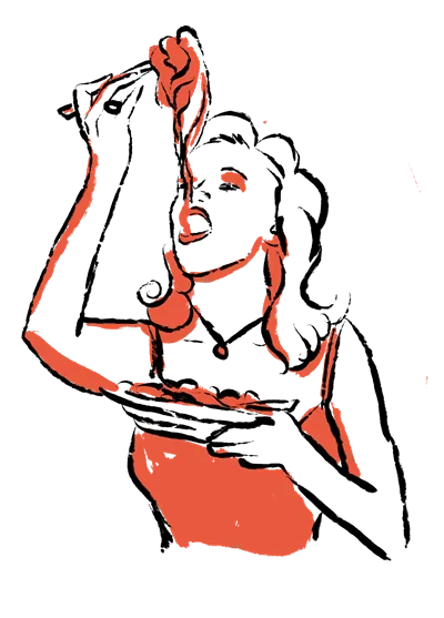 Ilustração abstrata de uma mulher com uma rosa no cabelo a segurar uma bandeja com uma tigela e copo.